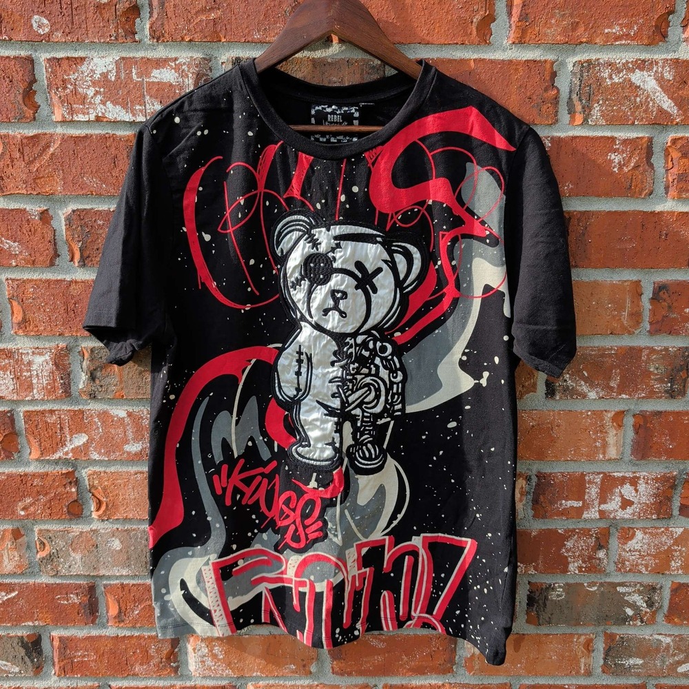 Rebel Vengeance Graphic T-Shirt Mens XL Black Red Graffiti Teddy Bear Splatter